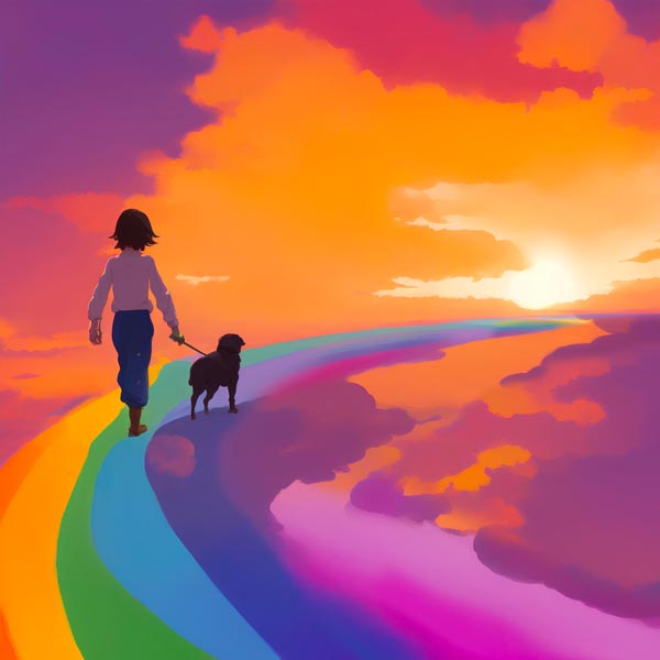 Cremazione Animali Milano: ragazza con cane attraversando un arcobaleno