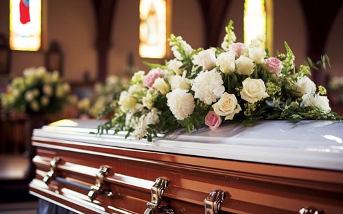 Differenza tra esequie e funerale: bara con fiori al funerale