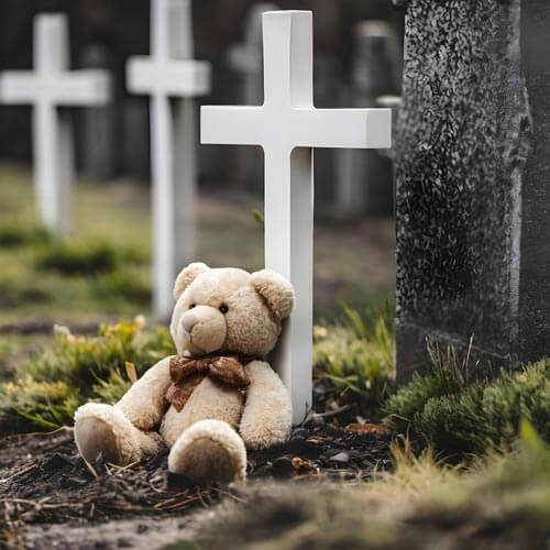 Lapide cimitero Milano: lapide a terra con peluche appoggiato alla croce bianca