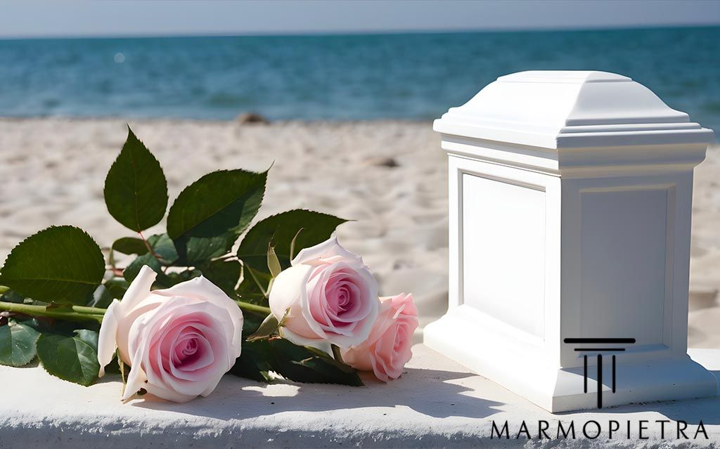 Sepoltura in Mare: urna cineraria con fiori in riva al mare